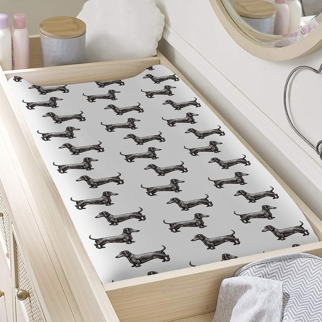 Black And White Dachshund Pattern Print Changing Pad Cover