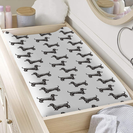 Black And White Dachshund Pattern Print Changing Pad Cover