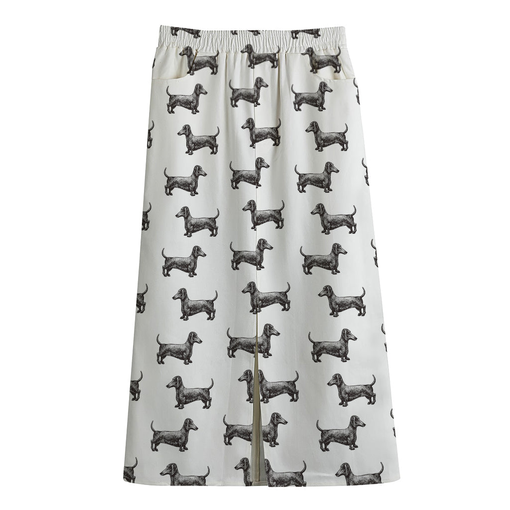 Black And White Dachshund Pattern Print Cotton Front Slit Maxi Skirt