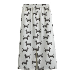 Black And White Dachshund Pattern Print Cotton Front Slit Maxi Skirt