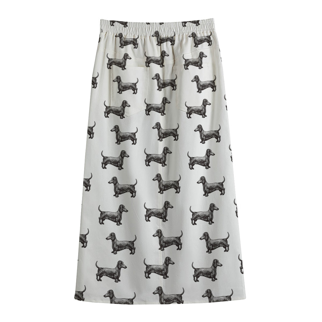 Black And White Dachshund Pattern Print Cotton Front Slit Maxi Skirt