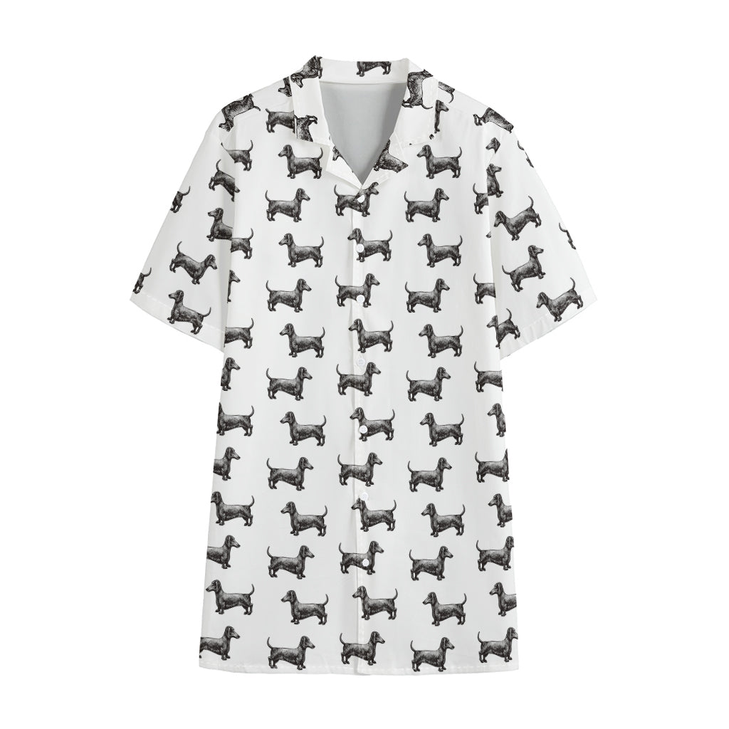 Black And White Dachshund Pattern Print Cotton Hawaiian Shirt