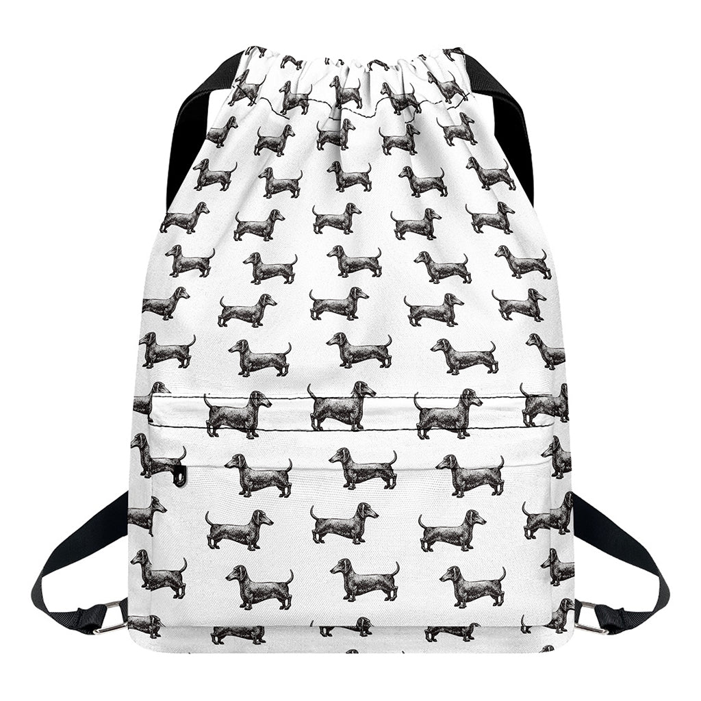 Black And White Dachshund Pattern Print Drawstring Backpack