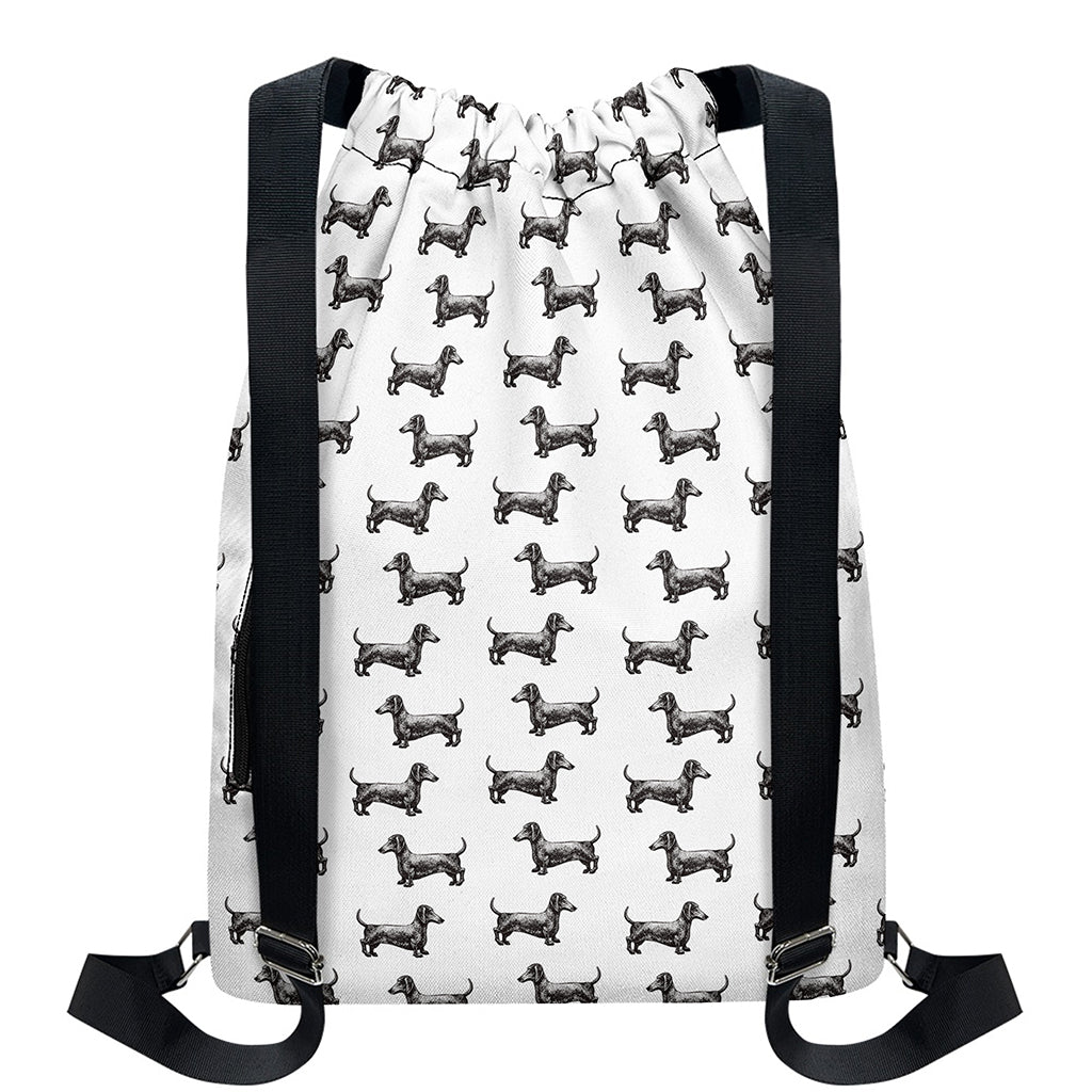 Black And White Dachshund Pattern Print Drawstring Backpack