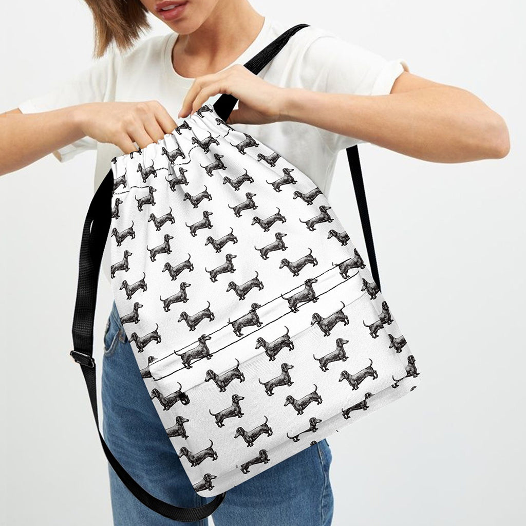 Black And White Dachshund Pattern Print Drawstring Backpack