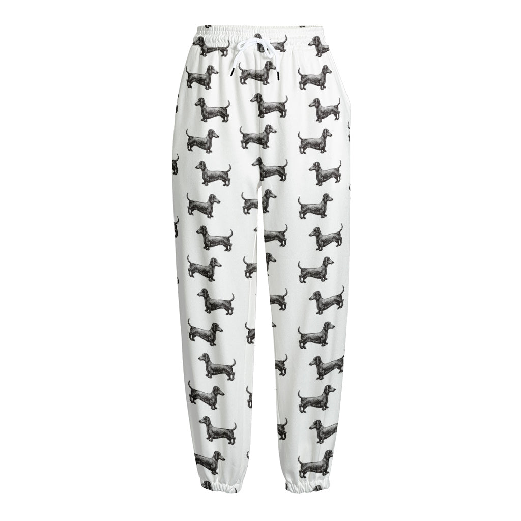 Black And White Dachshund Pattern Print Fleece Lined Knit Pants