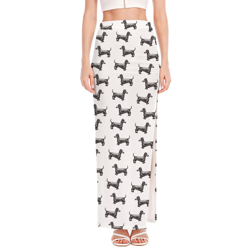 Black And White Dachshund Pattern Print High Slit Maxi Skirt