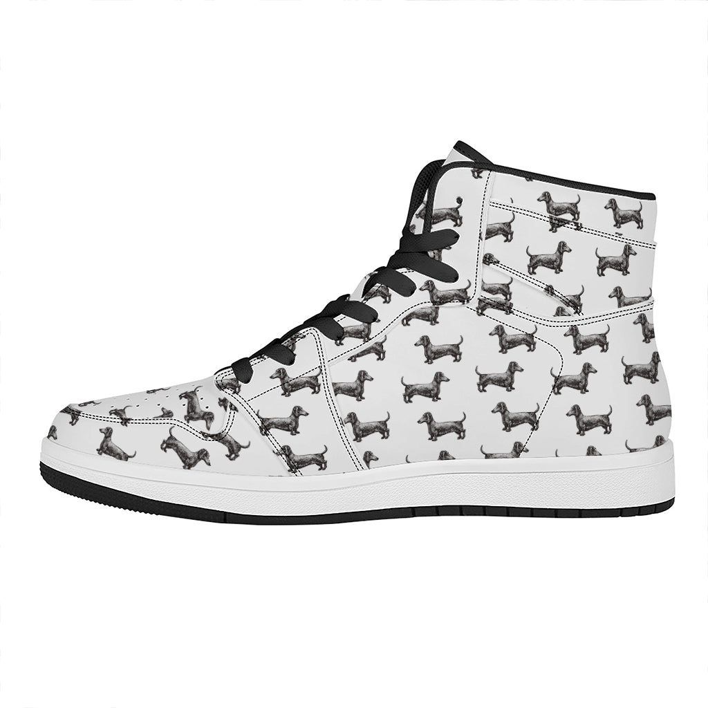 Black And White Dachshund Pattern Print High Top Leather Sneakers