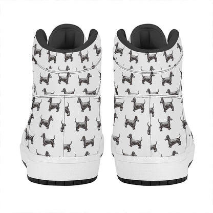 Black And White Dachshund Pattern Print High Top Leather Sneakers