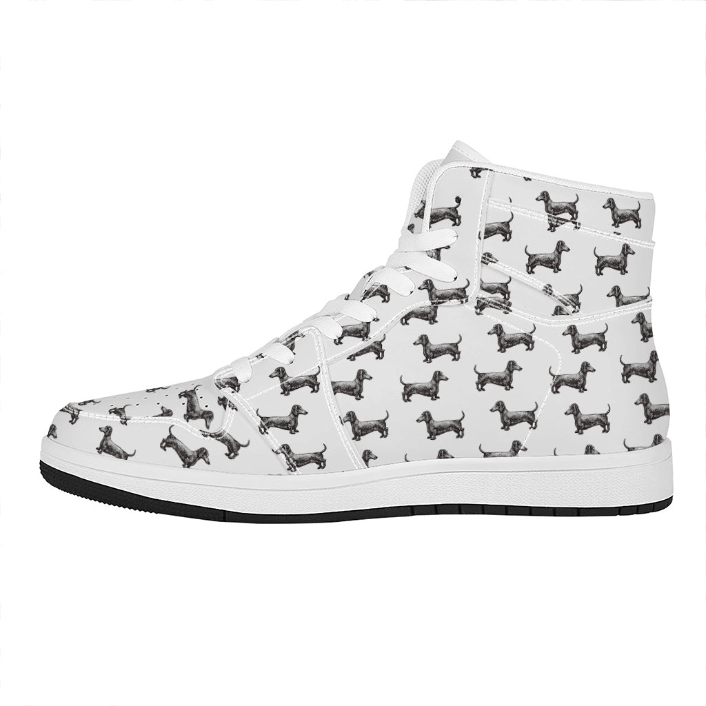 Black And White Dachshund Pattern Print High Top Leather Sneakers