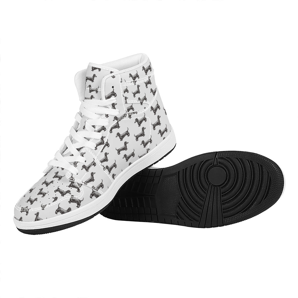 Black And White Dachshund Pattern Print High Top Leather Sneakers