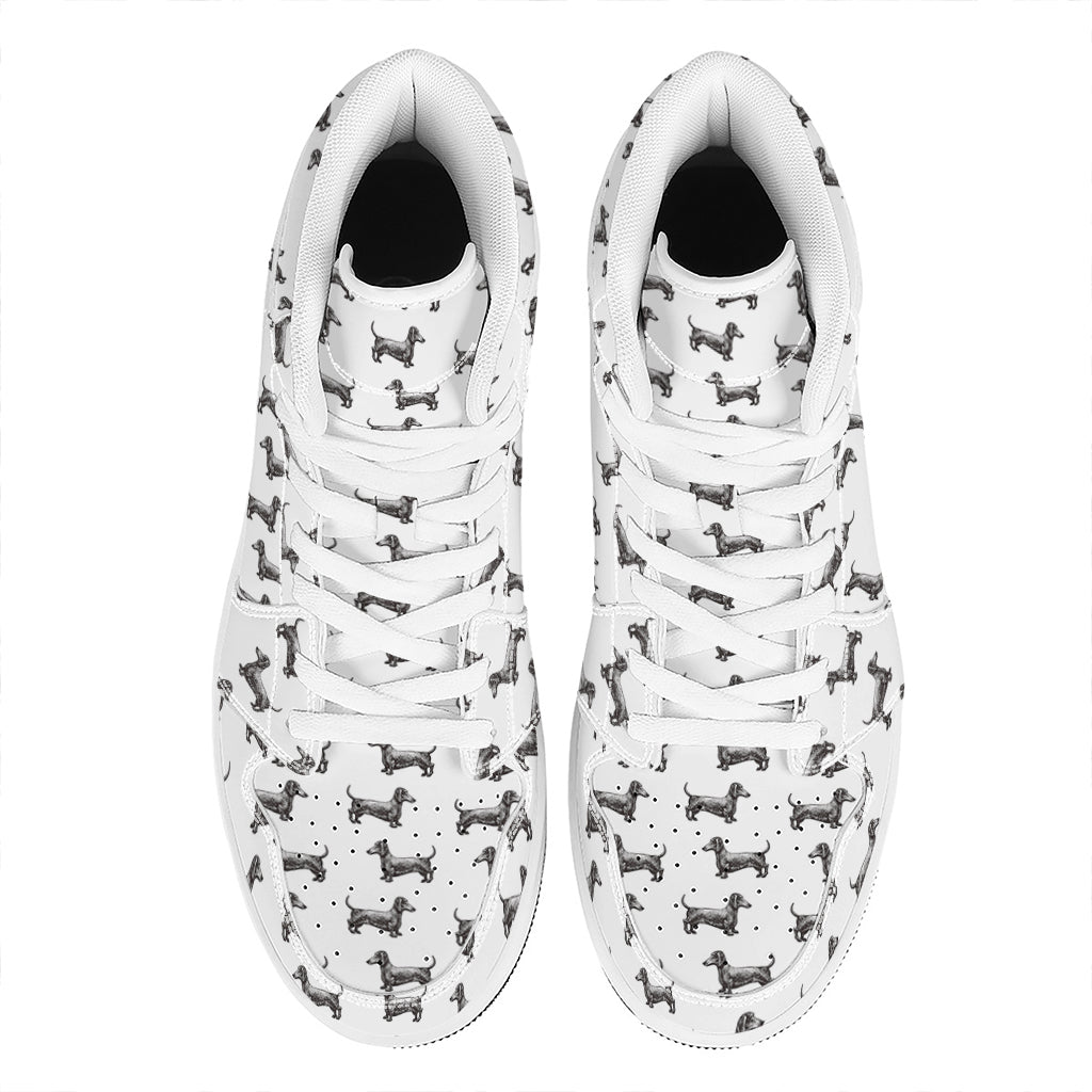 Black And White Dachshund Pattern Print High Top Leather Sneakers