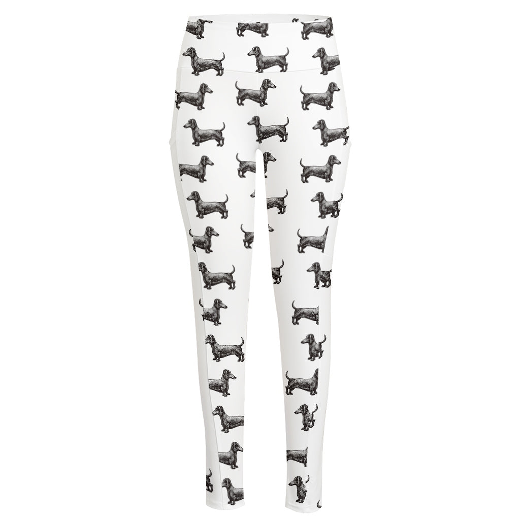 Black And White Dachshund Pattern Print High-Waisted Pocket Leggings