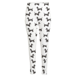 Black And White Dachshund Pattern Print High-Waisted Pocket Leggings