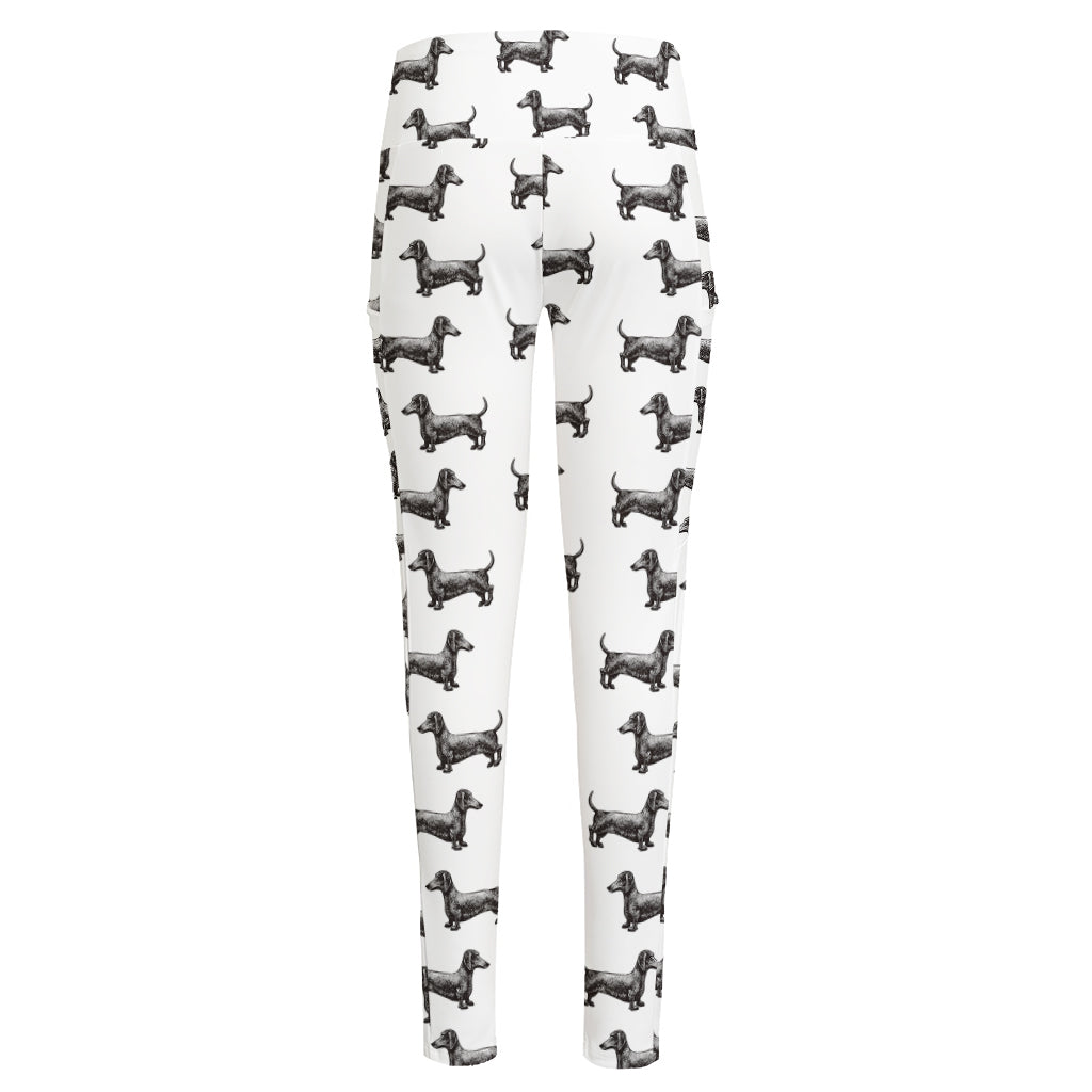 Black And White Dachshund Pattern Print High-Waisted Pocket Leggings