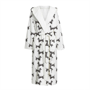 Black And White Dachshund Pattern Print Hooded Bathrobe