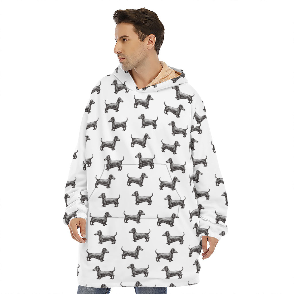 Black And White Dachshund Pattern Print Hoodie Blanket