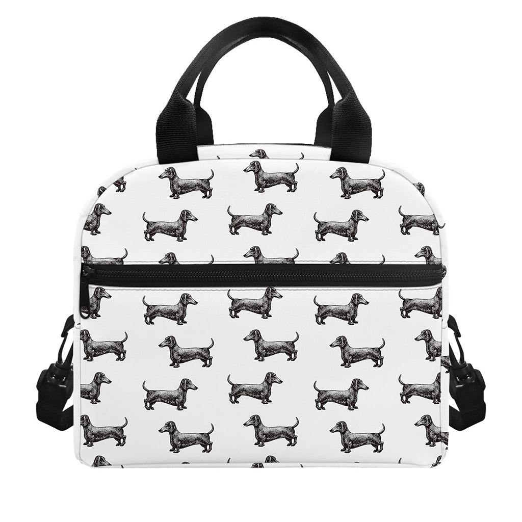 Black And White Dachshund Pattern Print Insulated Lunch Bag