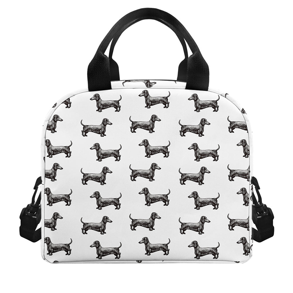 Black And White Dachshund Pattern Print Insulated Lunch Bag