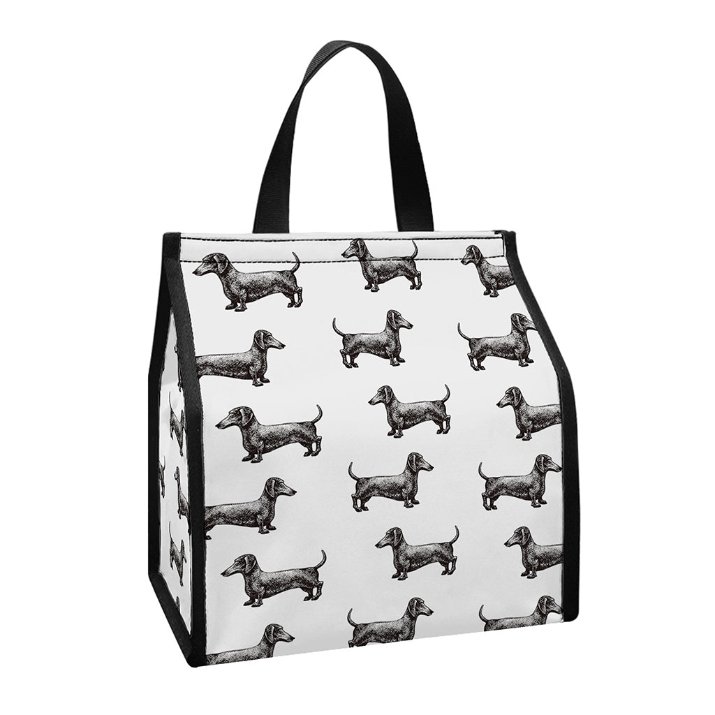 Black And White Dachshund Pattern Print Insulated Lunch Tote