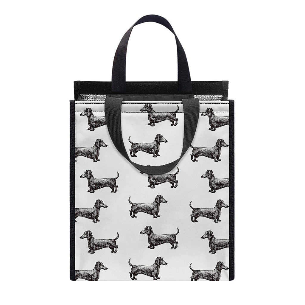 Black And White Dachshund Pattern Print Insulated Lunch Tote