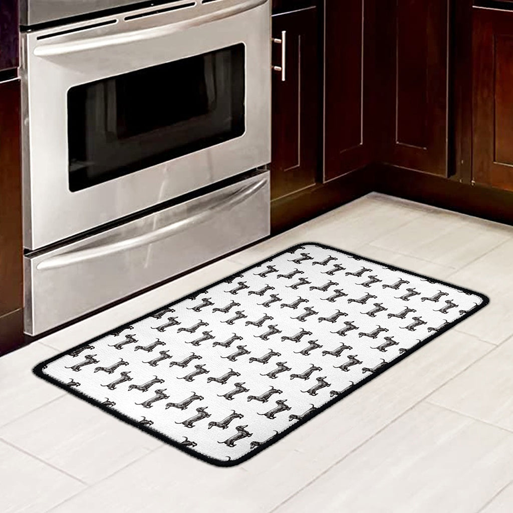 Black And White Dachshund Pattern Print Kitchen Mat