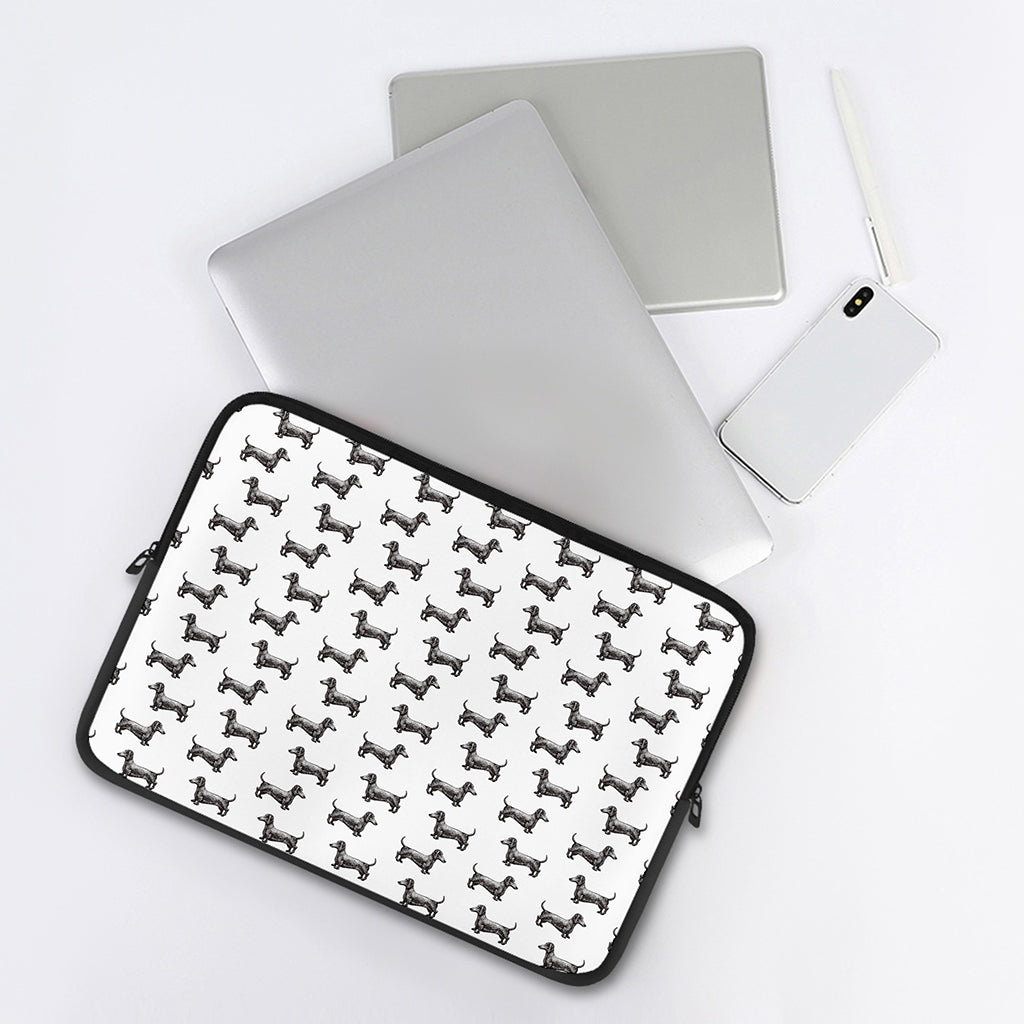 Black And White Dachshund Pattern Print Laptop Sleeve