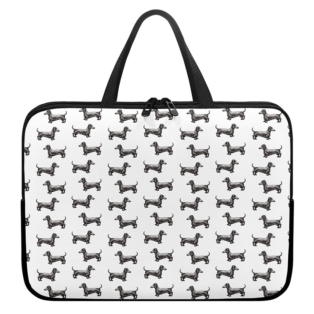 Black And White Dachshund Pattern Print Laptop Sleeve With Handle