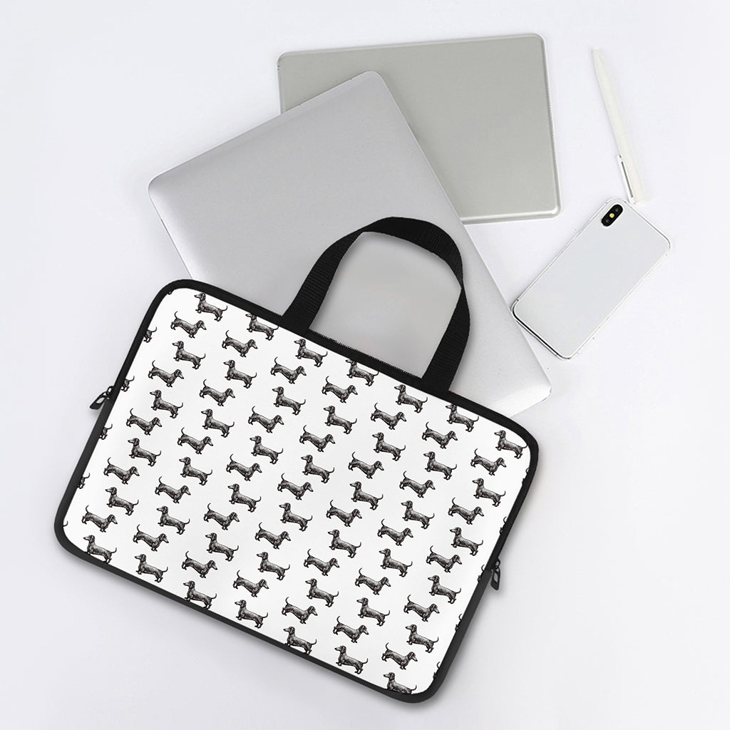 Black And White Dachshund Pattern Print Laptop Sleeve With Handle