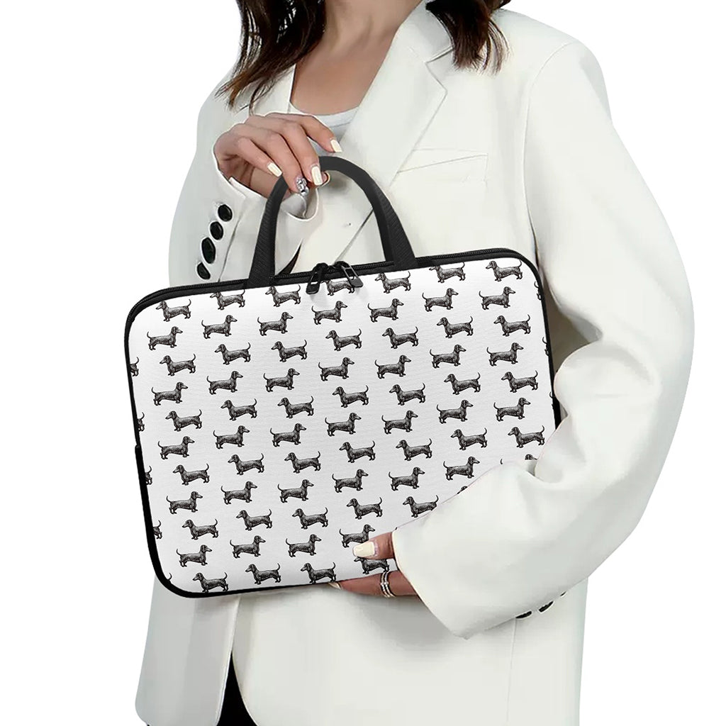 Black And White Dachshund Pattern Print Laptop Sleeve With Handle