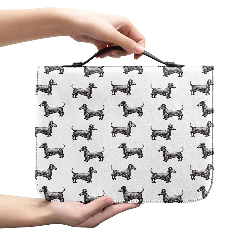Black And White Dachshund Pattern Print Leather Bible Cover