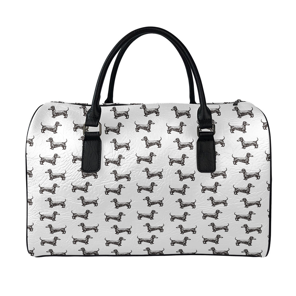 Black And White Dachshund Pattern Print Leather Duffle Bag