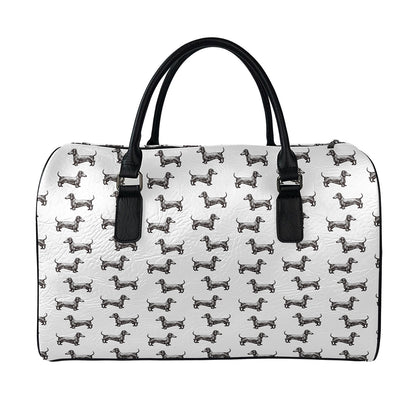 Black And White Dachshund Pattern Print Leather Duffle Bag