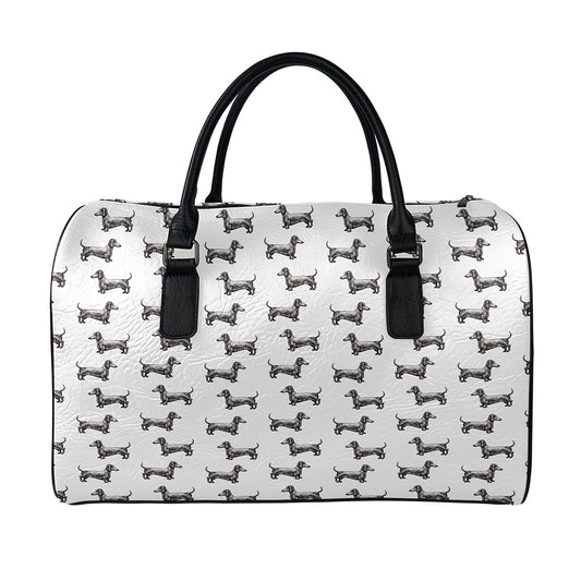 Black And White Dachshund Pattern Print Leather Duffle Bag