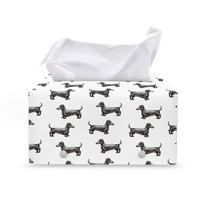 Black And White Dachshund Pattern Print Leather Tissue Box Cover