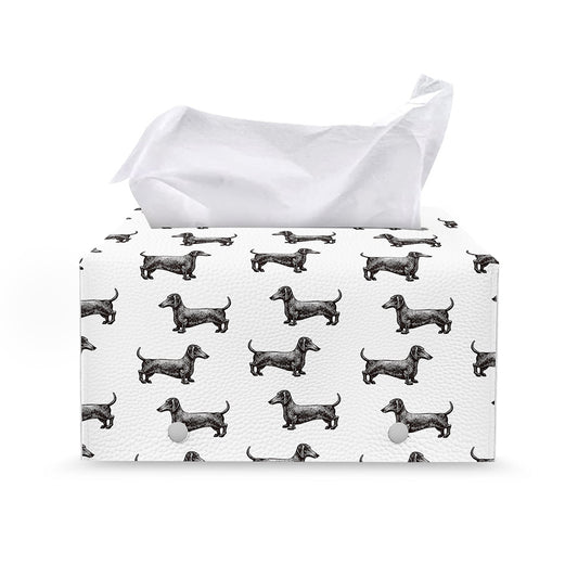 Black And White Dachshund Pattern Print Leather Tissue Box Cover