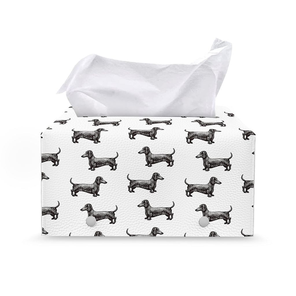 Black And White Dachshund Pattern Print Leather Tissue Box Cover