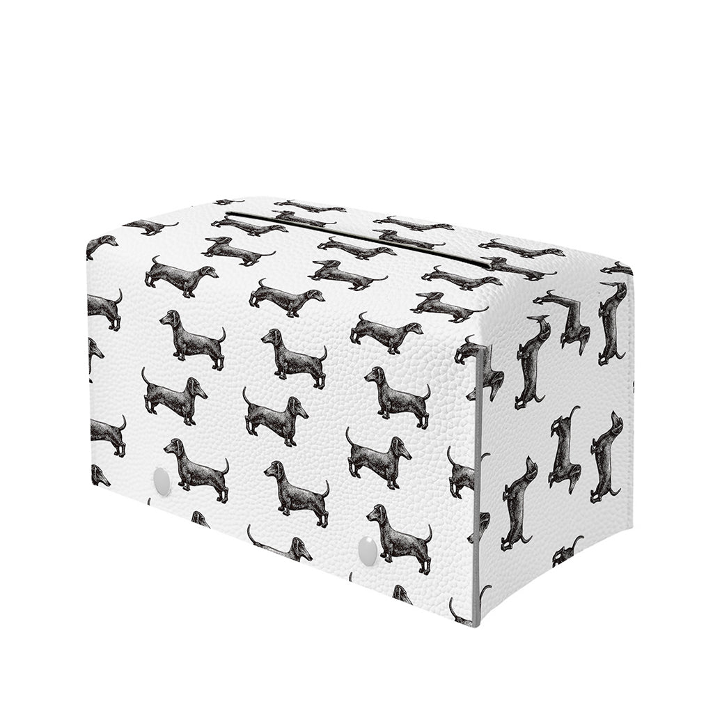 Black And White Dachshund Pattern Print Leather Tissue Box Cover