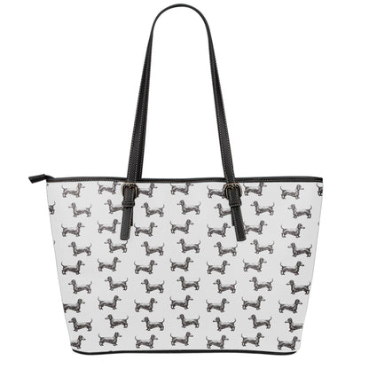Black And White Dachshund Pattern Print Leather Tote Bag