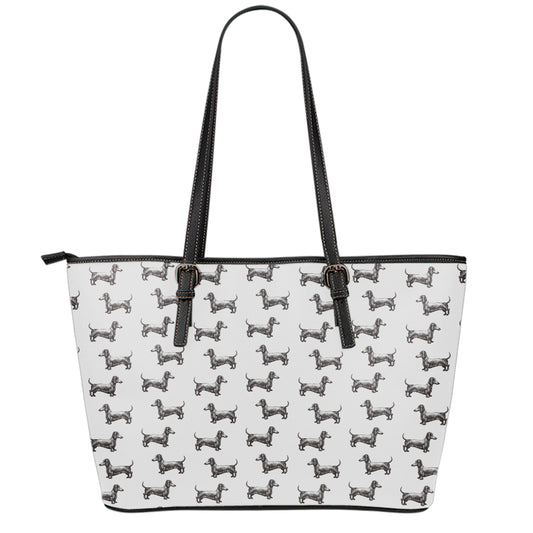 Black And White Dachshund Pattern Print Leather Tote Bag