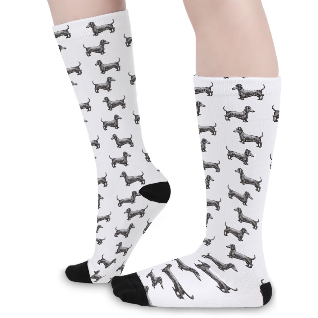 Black And White Dachshund Pattern Print Long Socks