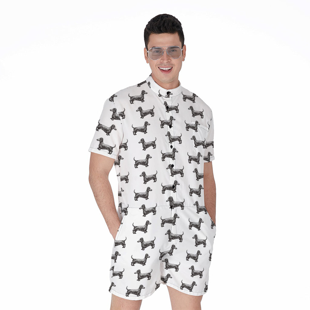 Black And White Dachshund Pattern Print Men's Rompers