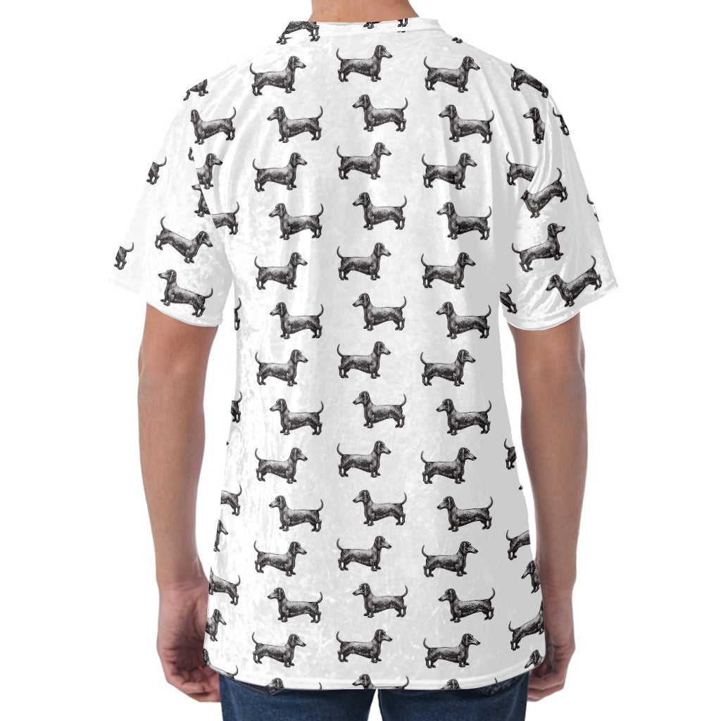 Black And White Dachshund Pattern Print Men's Velvet T-Shirt