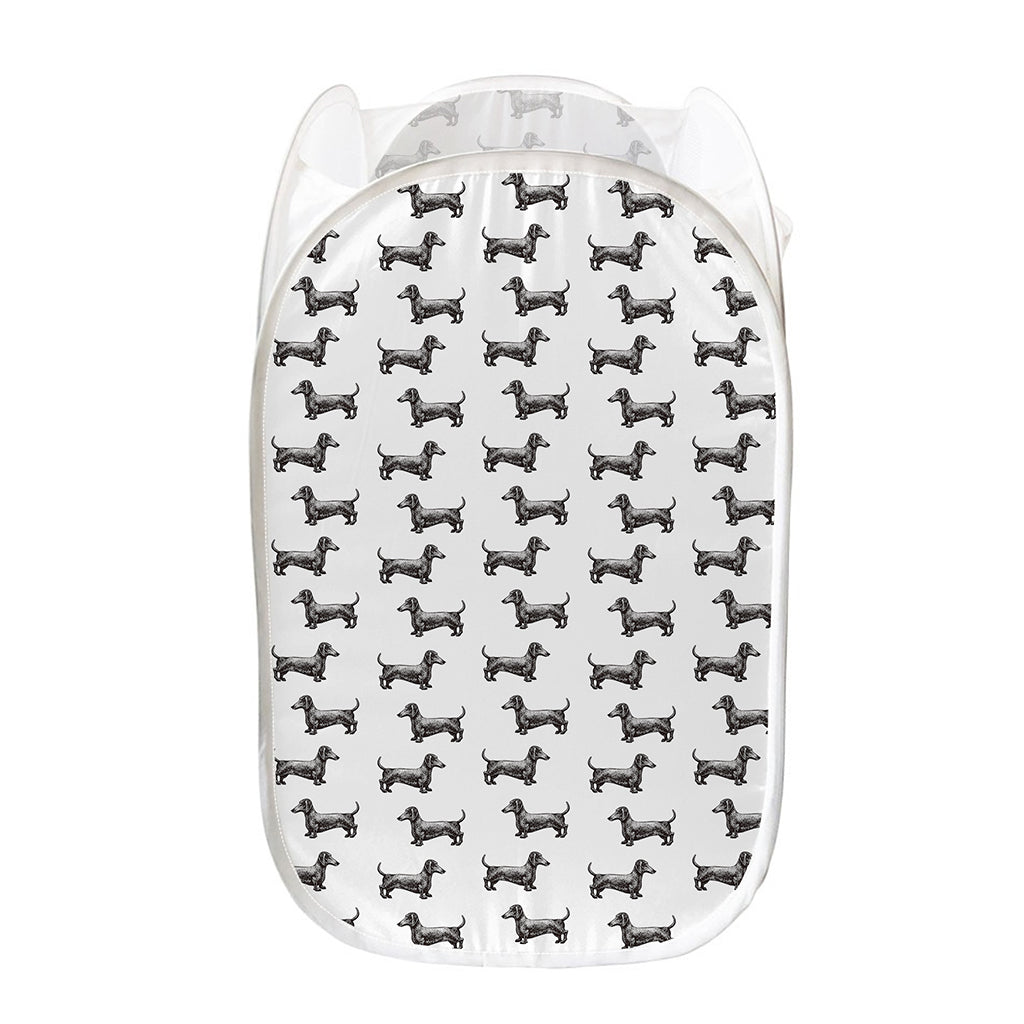 Black And White Dachshund Pattern Print Mesh Laundry Hamper