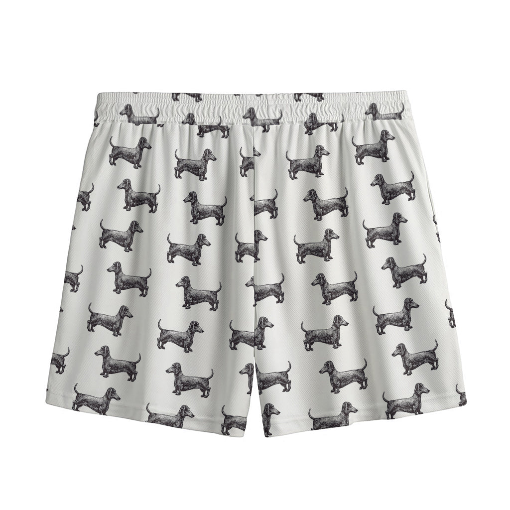 Black And White Dachshund Pattern Print Mesh Shorts