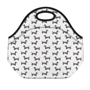 Black And White Dachshund Pattern Print Neoprene Lunch Bag