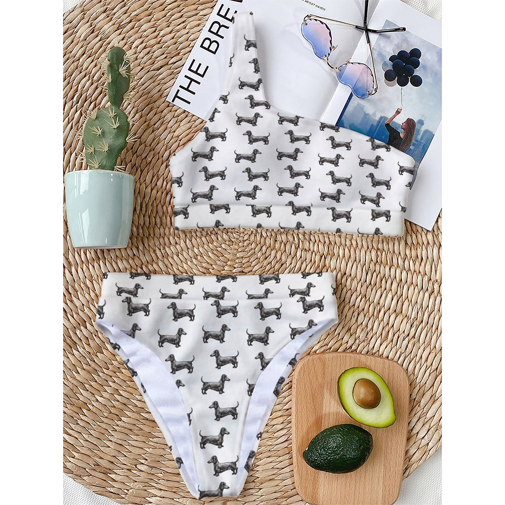 Black And White Dachshund Pattern Print One Shoulder Bikini Top