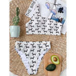 Black And White Dachshund Pattern Print One Shoulder Bikini Top