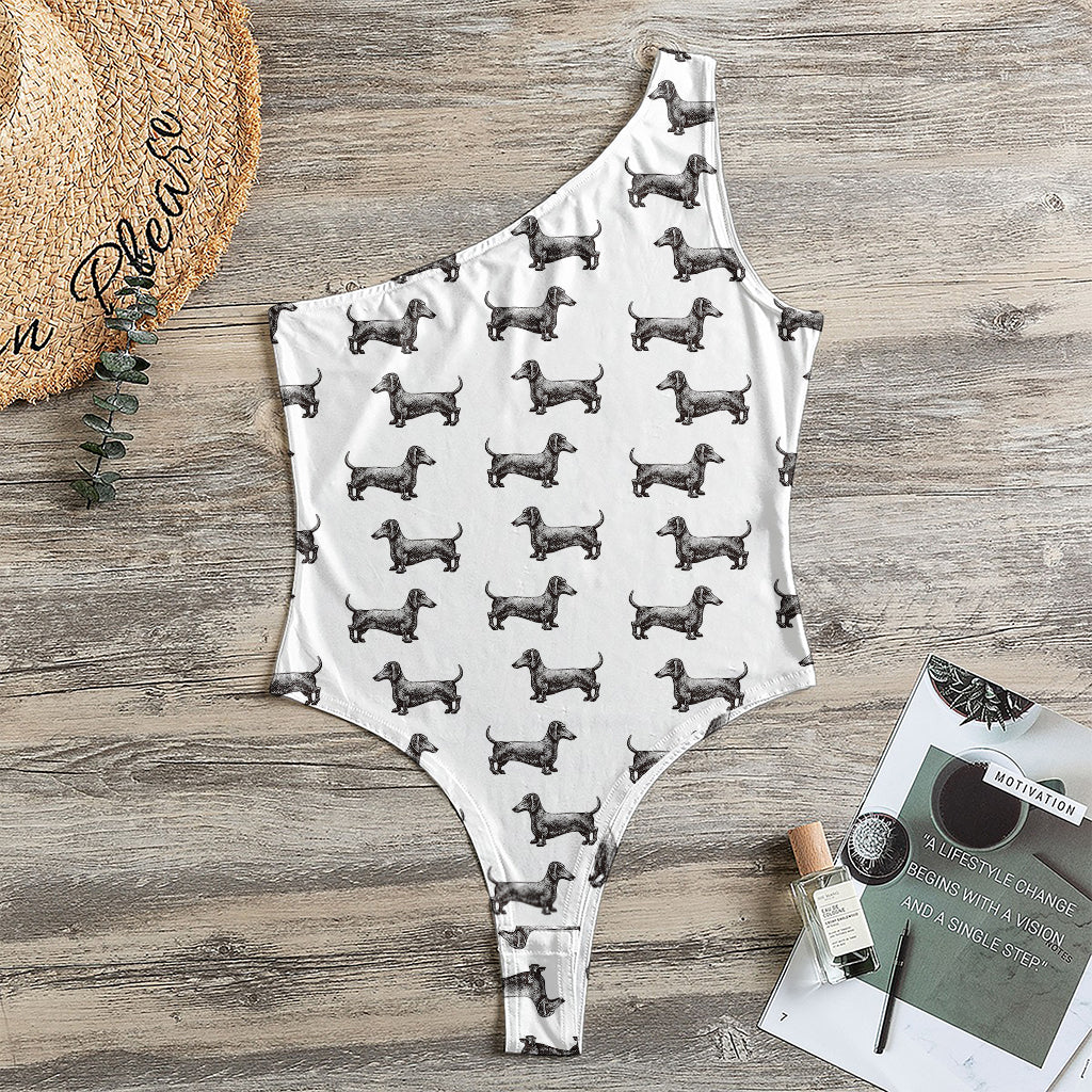 Black And White Dachshund Pattern Print One Shoulder Bodysuit