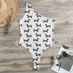 Black And White Dachshund Pattern Print One Shoulder Bodysuit